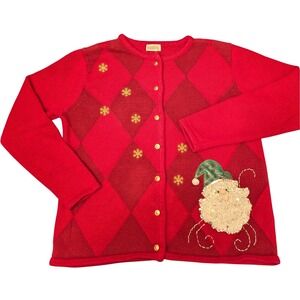 Classic Elements‎ Women Red Santa Argyle Knit Christmas Cardigan Sweater Large